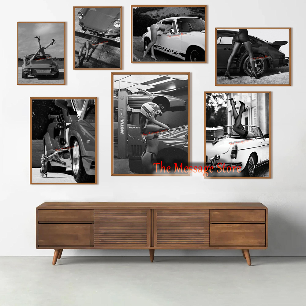 Luxury Lifestyle Pictures - レトロセクシーガールハイヒールと高級車レトロトレンディファッション写真スポーツカーポスターキャンバス絵画壁掛け絵画家の装飾